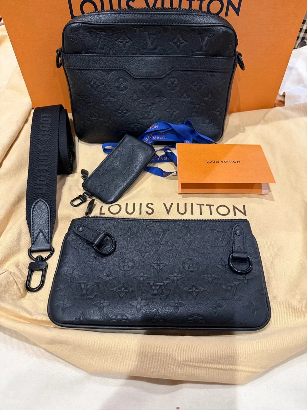 Louis Vuitton Black Embossed Monogram Messenger Set with Strap and Pouch
